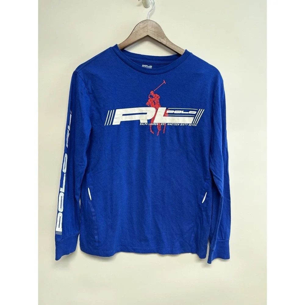 Polo Ralph Lauren Boys Large Blue Spell Out Preppy Streetwear Long Sleeve School